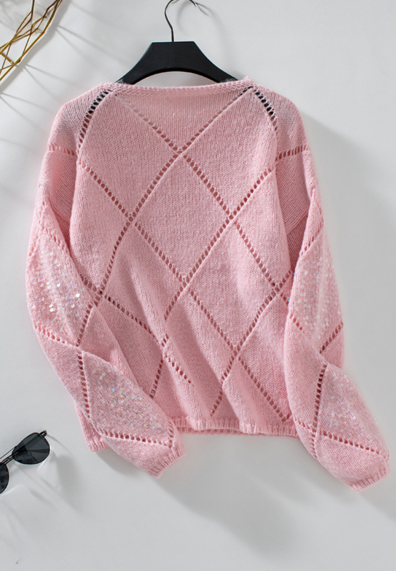 Hazel Blues® |  Openwork Sequin Round Neck Long Sleeve Sweater