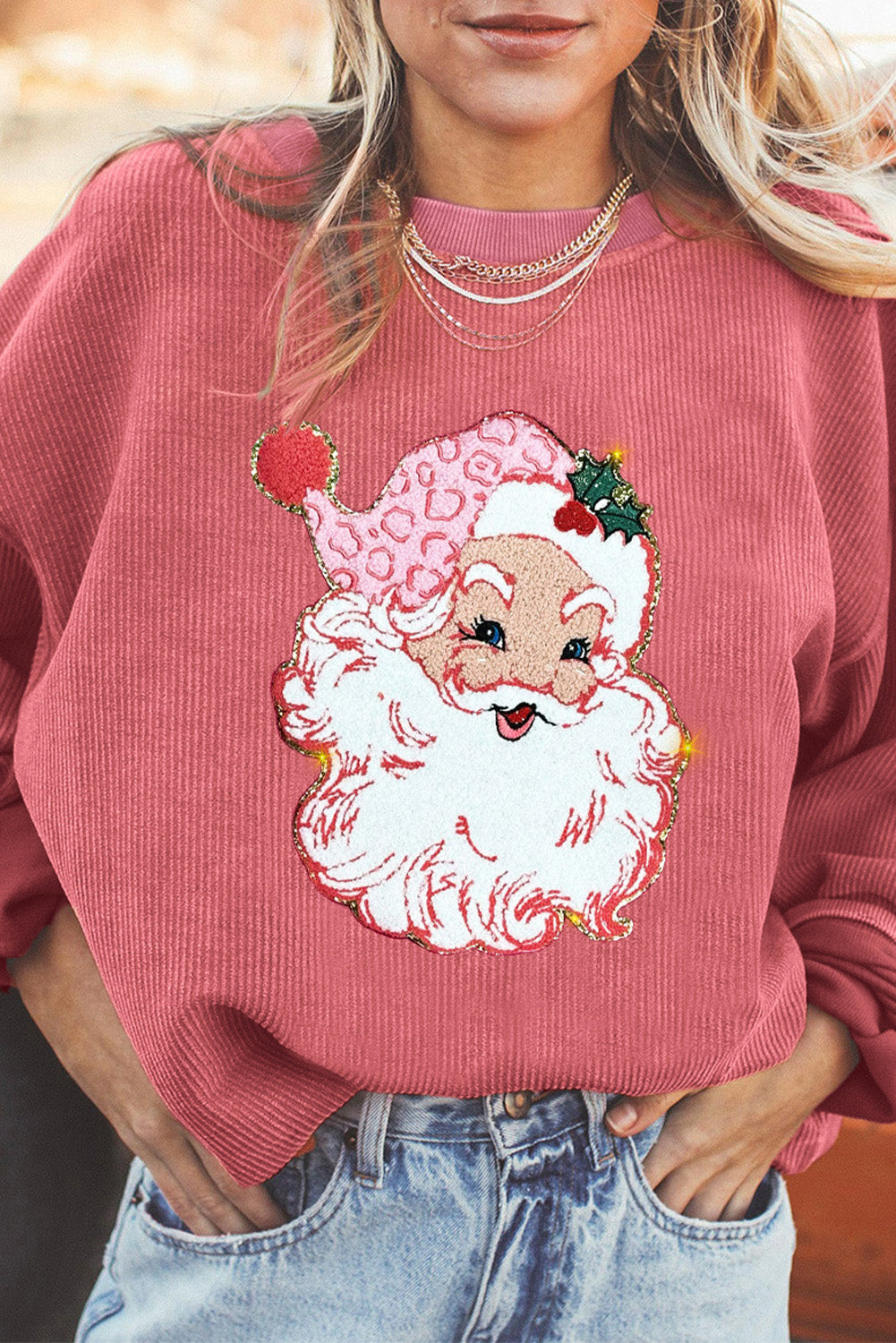 Hazel Blues® |  Strawberry Pink Santa Claus Sparkle Corded Crew Neck Sweatshirt