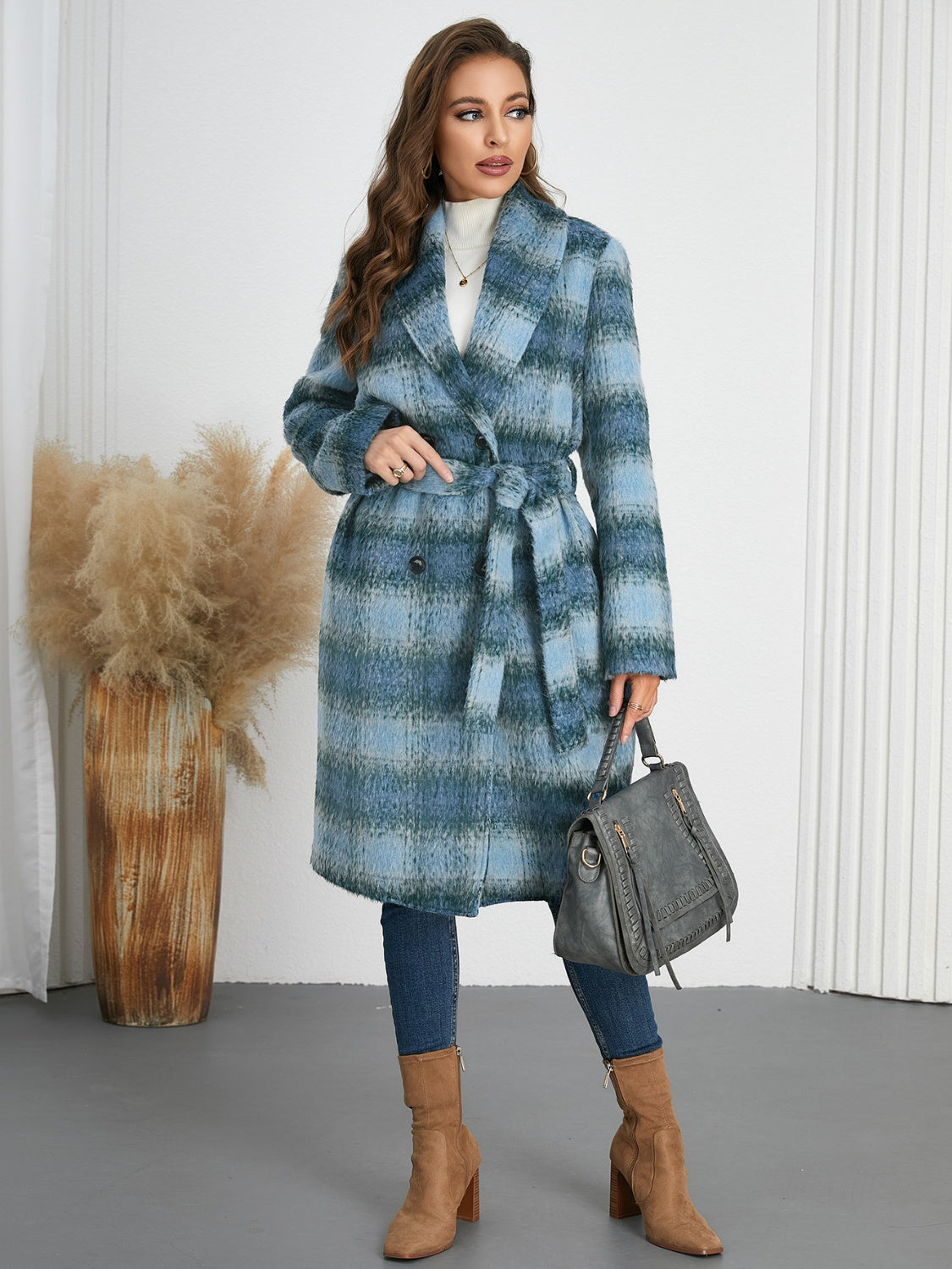 Hazel Blues® |  Plaid Tie Waist Long Sleeve Coat