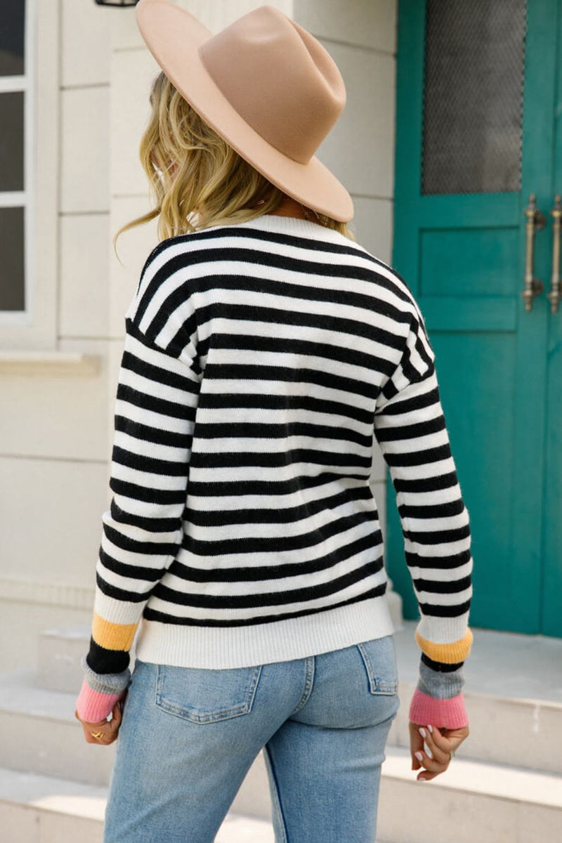 Hazel Blues® |  Angel Wings Warm Spice Striped Round Neck Sweater