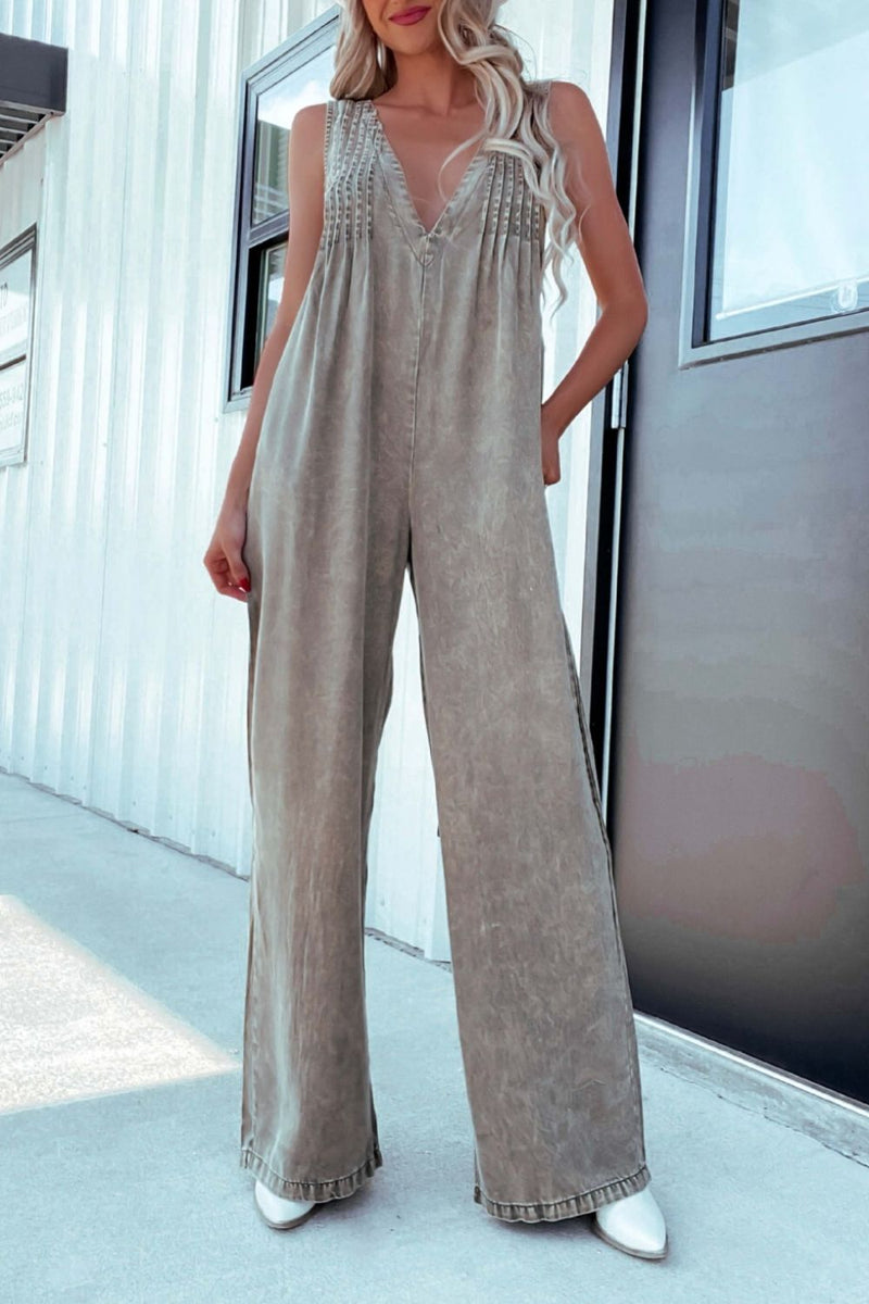 Hazel Blues® |  V-Neck Wide Leg Denim Jumpsuit