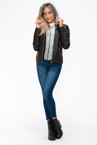 Hazel Blues® |  YMI Faux Layered Double-Zipper Jacket with Fuzzy Hood