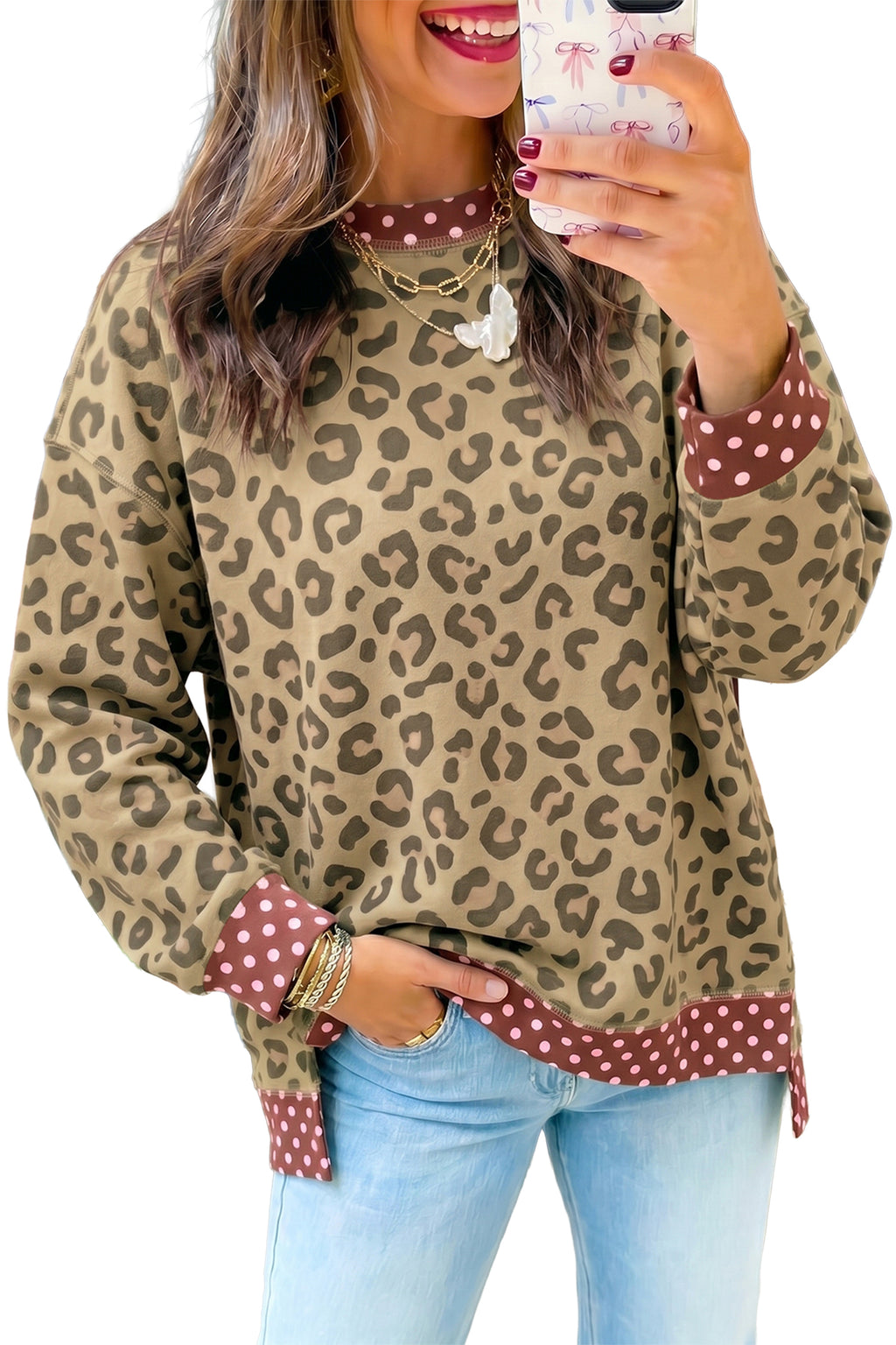 Harper Blake Brown Leopard Polka Dot Color-Block Trim Long-Sleeve Top
