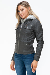 Hazel Blues® |  YMI Removable Faux Layered Multi-Pocket Jacket with Fuzzy Hood