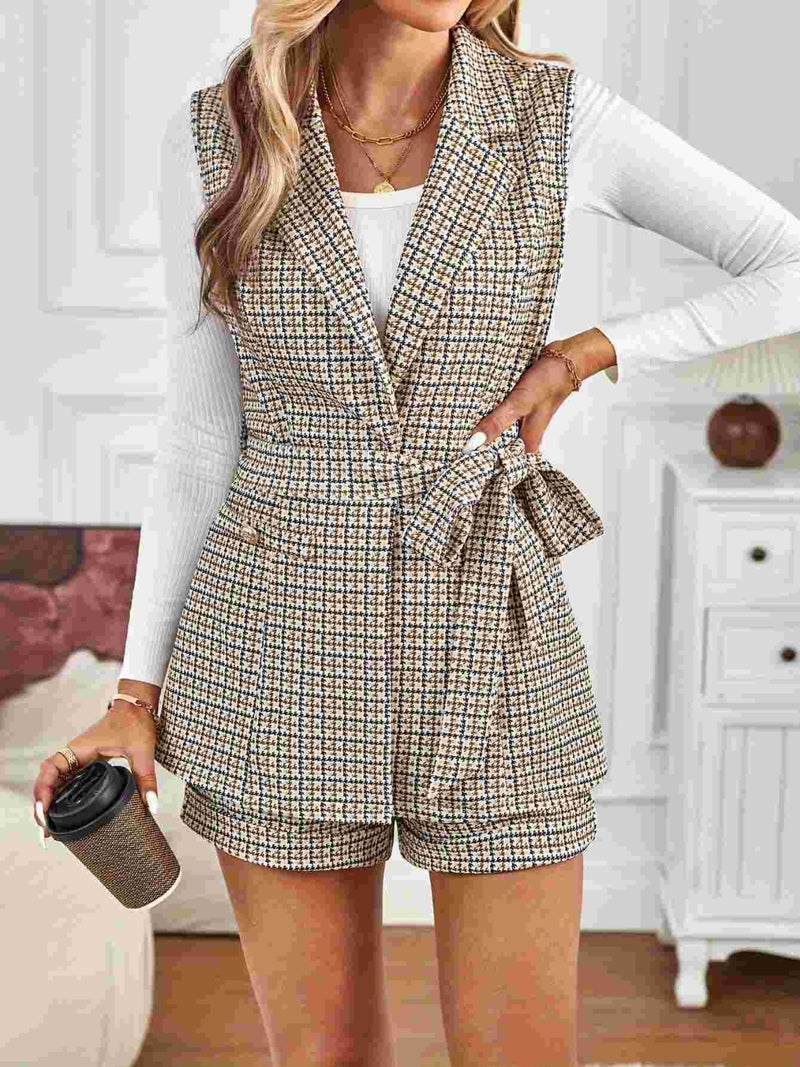 Hazel Blues® |  Tied Plaid Collared Neck Vest and Shorts Set