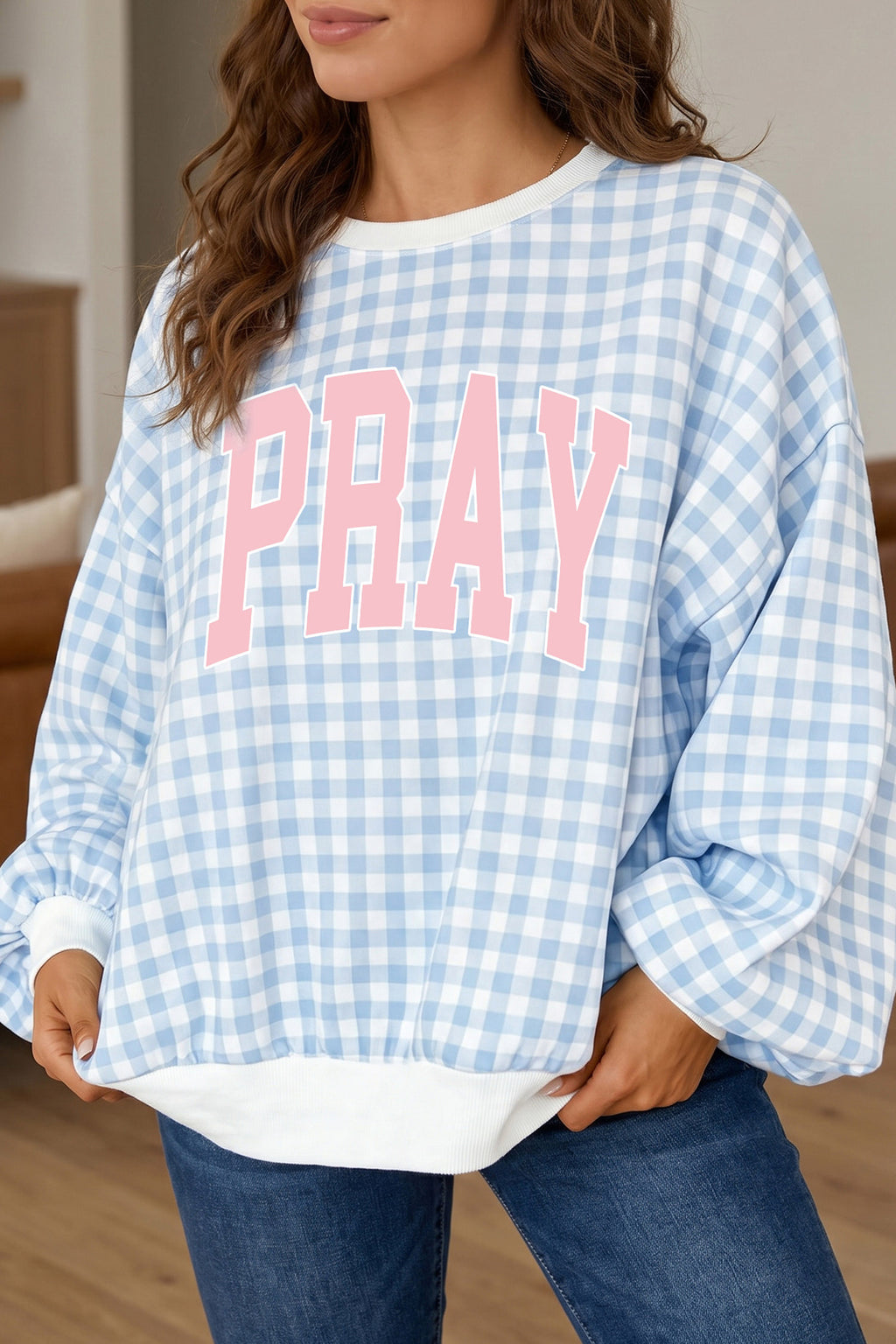 Fiona Lou Light Blue Pray Pullover Sweatshirt