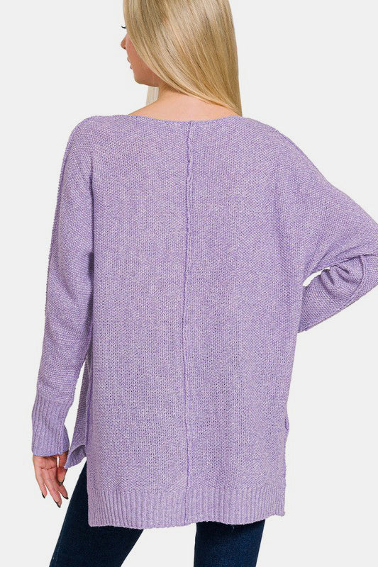 Hazel Blues® |  Zenana High-Low Center Seam V-Neck Sweater