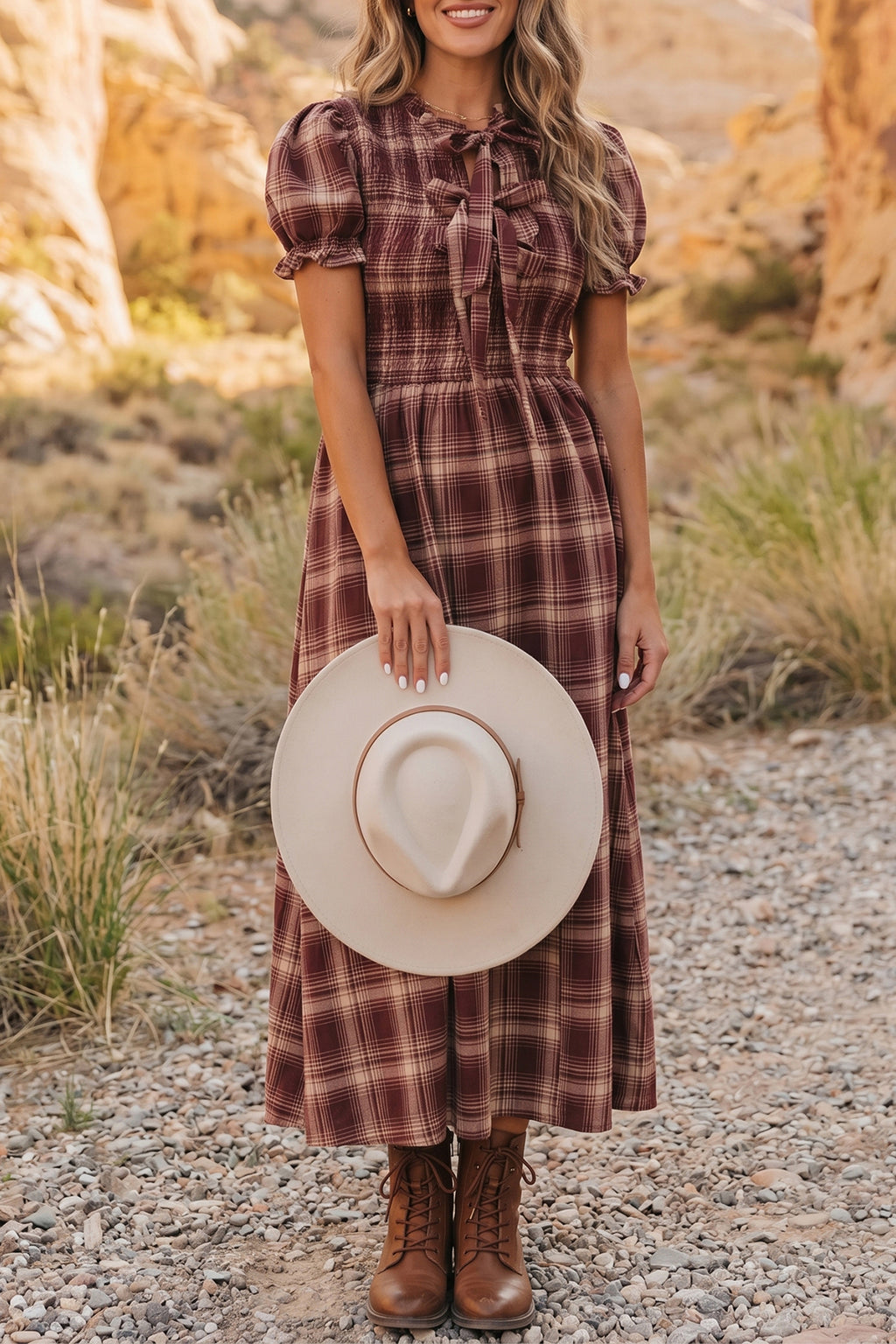 Vintage Plaid Knot Front Smocked High Waist Midi Dress | Plaid High Waist Smocked Dress
