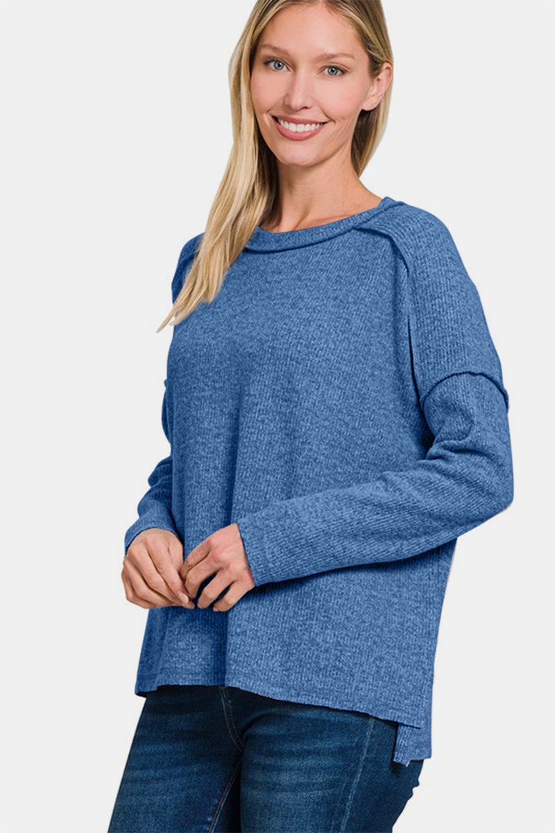 Hazel Blues® |  Zenana Exposed Seam Brushed Round Neck Sweater