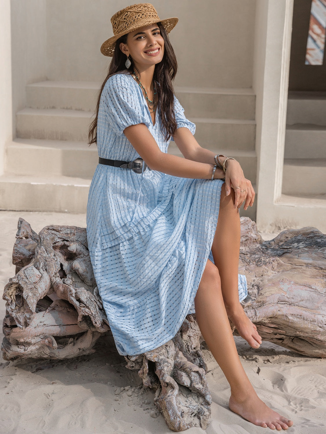 Hazel Blues® |  Tie Neck Balloon Sleeve Tiered Dress