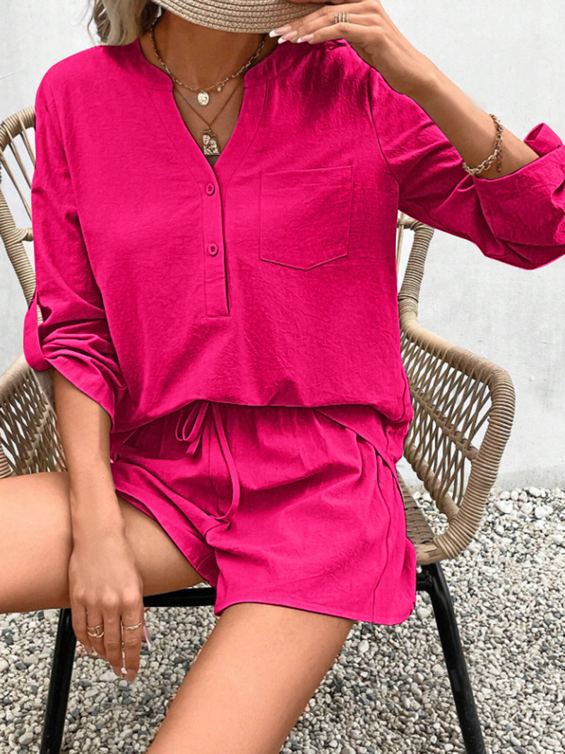 Hazel Blues® |  Notched Long Sleeve Top and Shorts Set