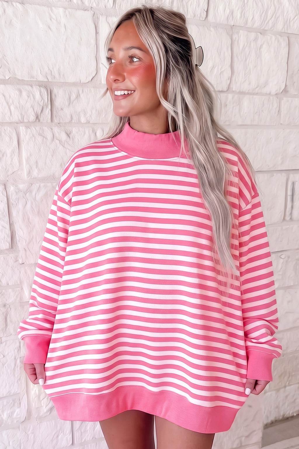 Pink Stripe Mock-Neck Tunic Sweatshirt