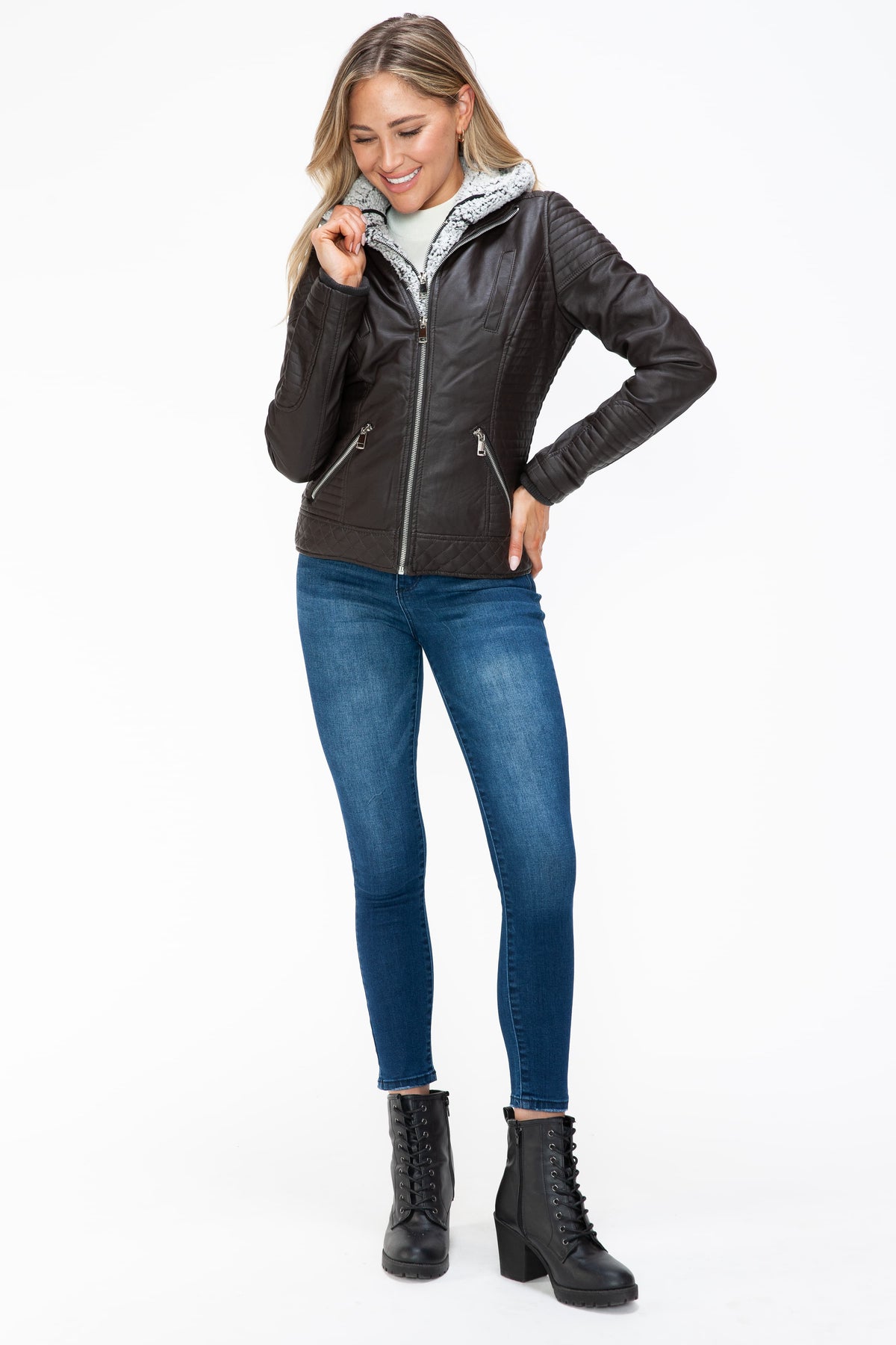 Hazel Blues® |  YMI Faux Layered Double-Zipper Jacket with Fuzzy Hood