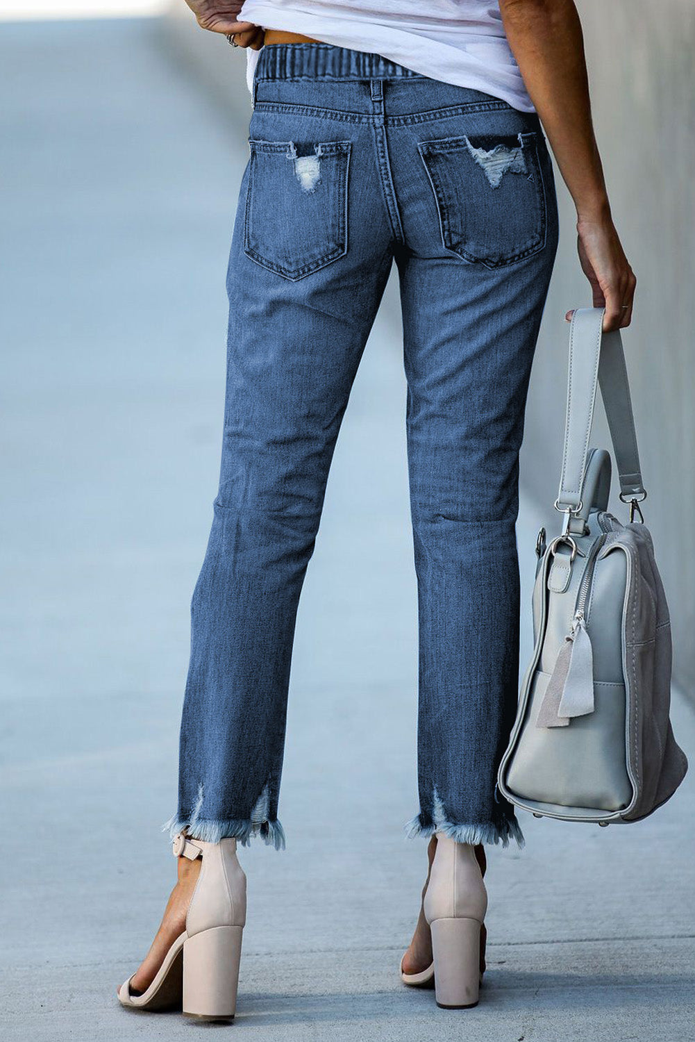 Dark Blue Elastic-Waist Straight-Leg Destroyed Raw-Hem Jeans