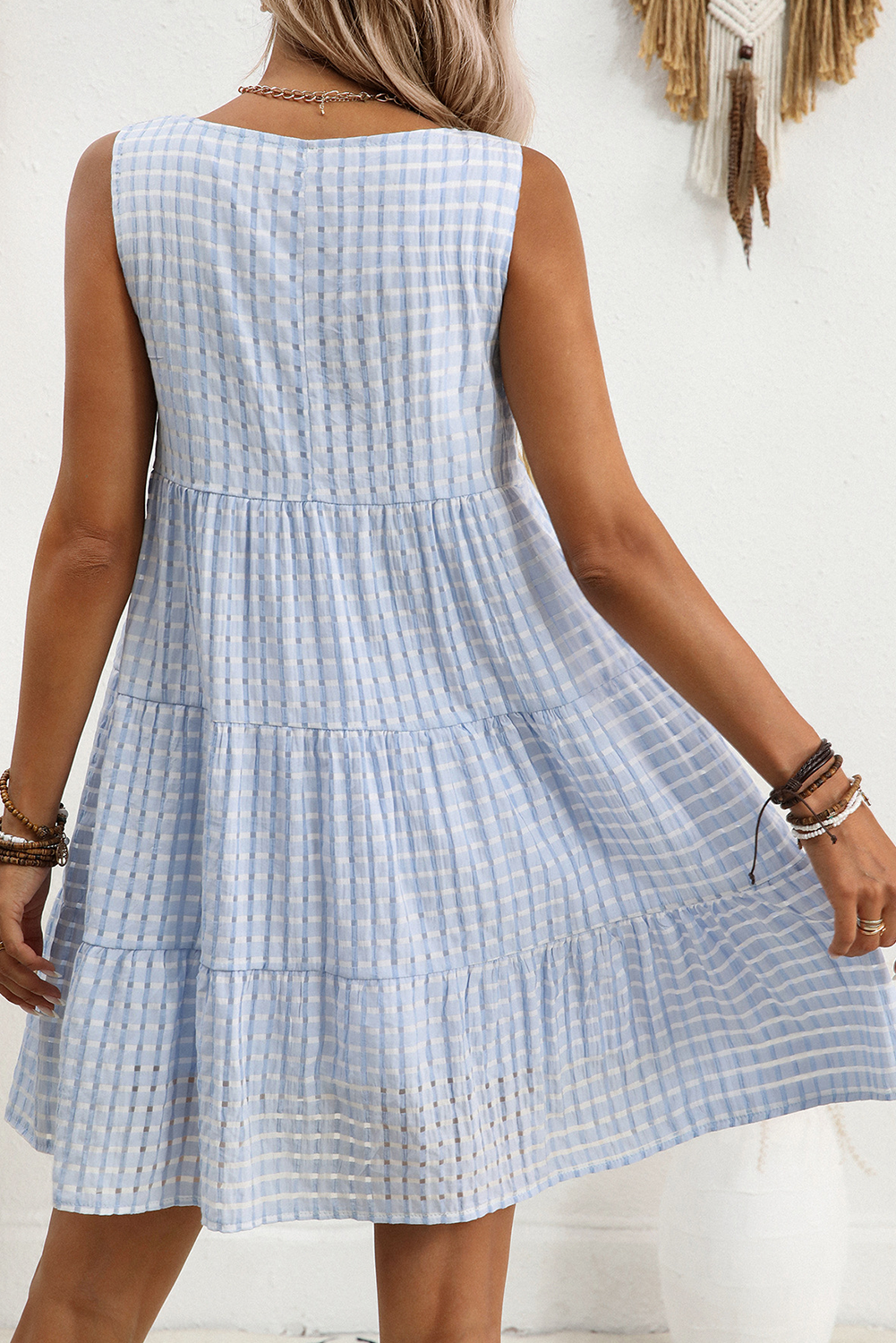 Mila Wren Light Blue Plaid Tiered A Line Sleeveless Mini Sundress