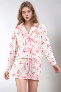 Valentine’s Day Ribbon Tied Printed Long Sleeve Top and Shorts Lounge Set