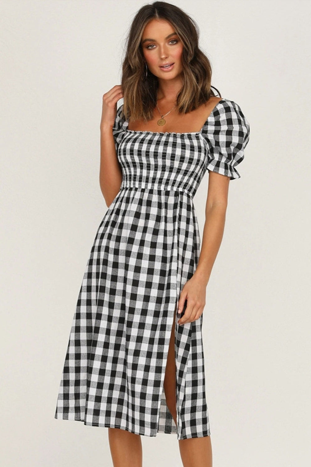 Hazel Blues® |  Slit Plaid Short Sleeve Midi Dress