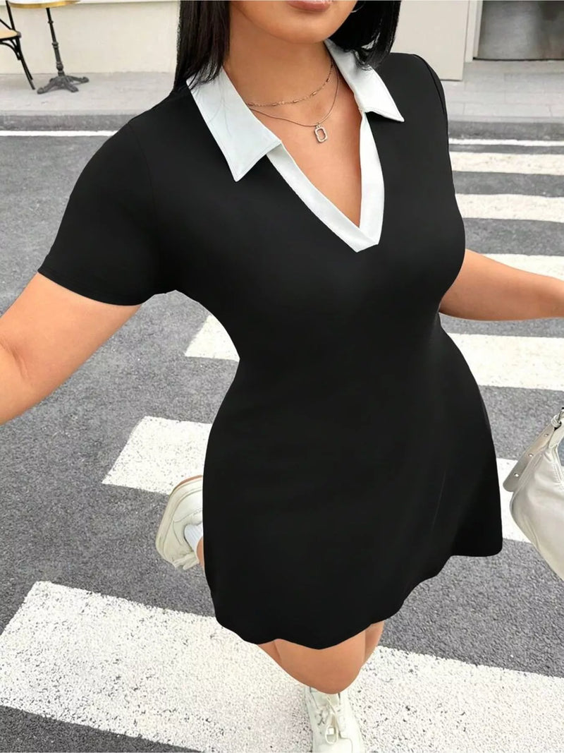 Hazel Blues® | Plus Size Contrast Collar Bodycon Mini Dress