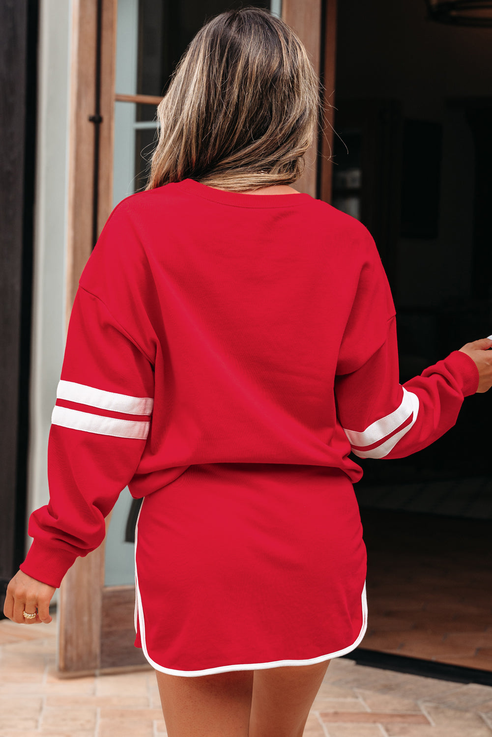 Varsity Stripe Detail Drop Shoulder Pullover Mini Skort Set