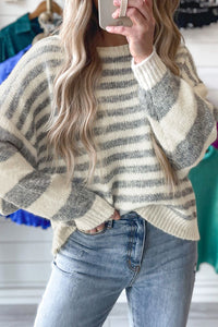 Hazel Blues® |  Striped Round Neck Dropped Shoulder Sweater