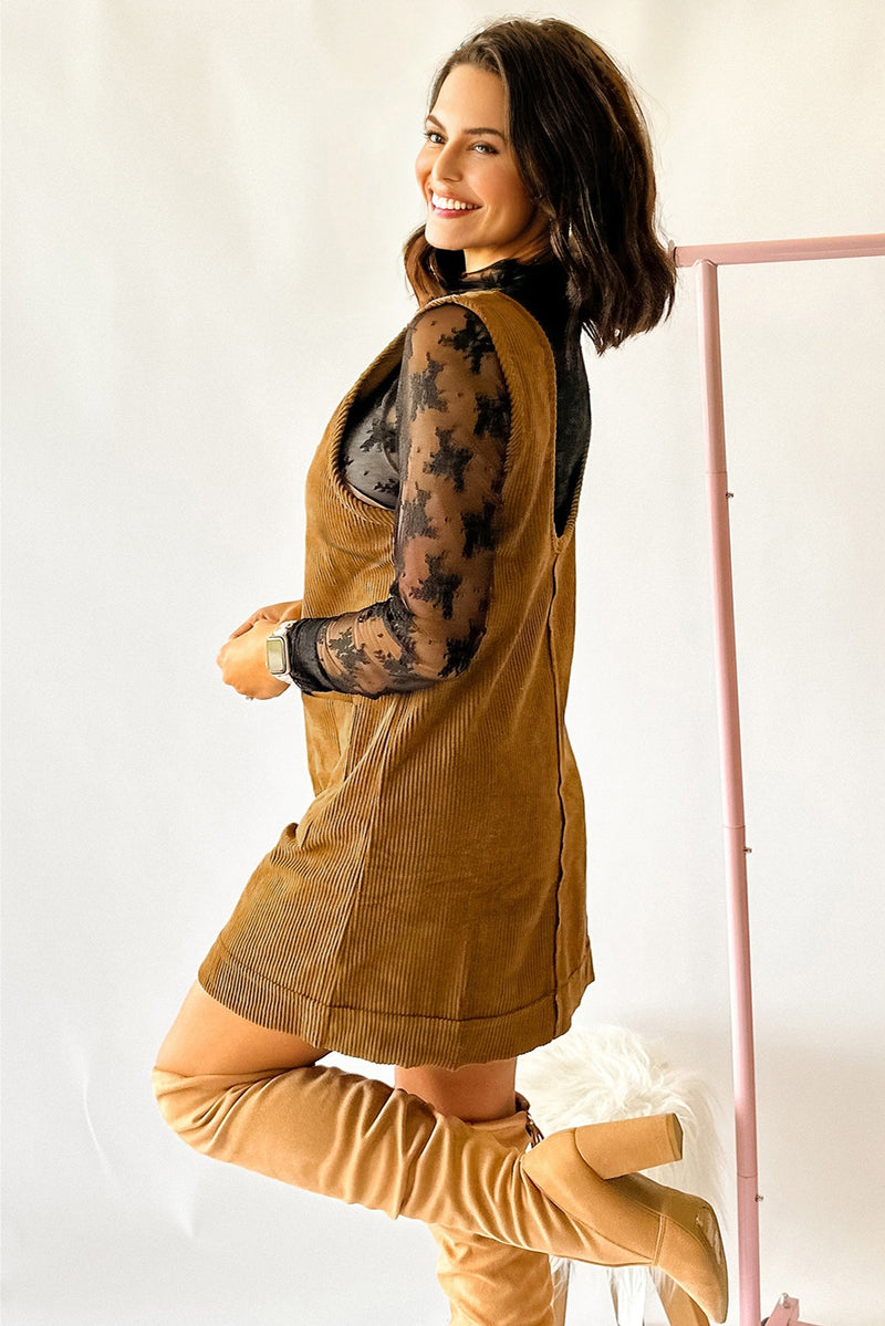 Hazel Blues® |  Beige Corduroy Sleeveless Mini Dress With Patched Pockets