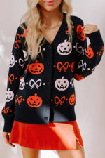 Hazel Blues® |  Black Halloween Pumpkin Bow Knit Button V Neck Sweater Cardigan