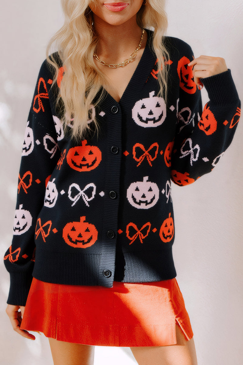 Hazel Blues® |  Black Halloween Pumpkin Bow Knit Button V Neck Sweater Cardigan