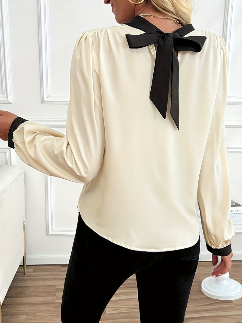 Hazel Blues® |  Bow Contrast Mock Neck Long Sleeve Blouse