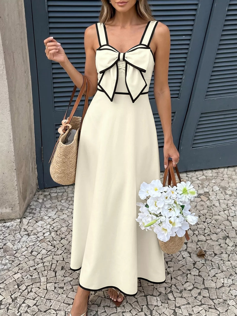 knee length dresses for ladies Faux Two-Piece Women Midi Dress with Detachable Bowknot, Black / M