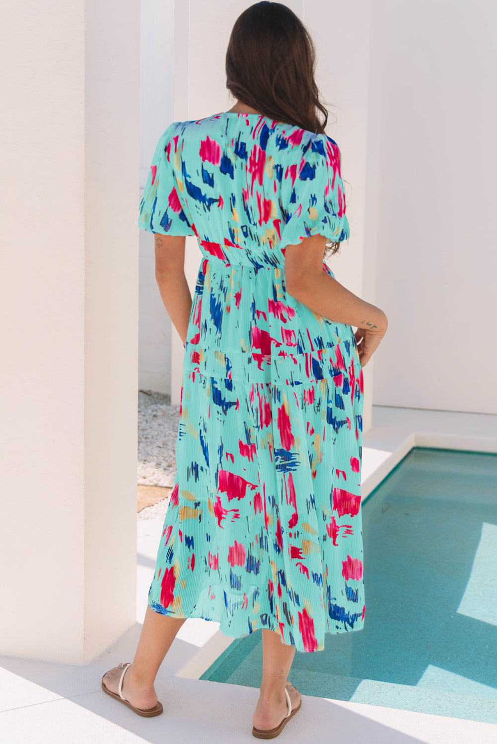 Penelope Jane Sky Blue Abstract Print Short Puff Sleeve Tiered Maxi Dress