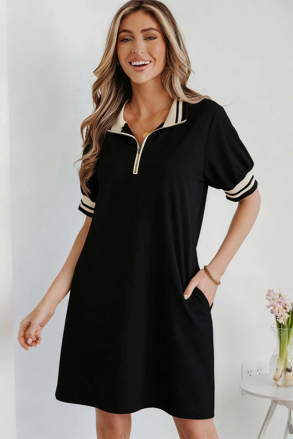Striped Webbing Trim Preppy Polo Tee Dress | Striped Dress
