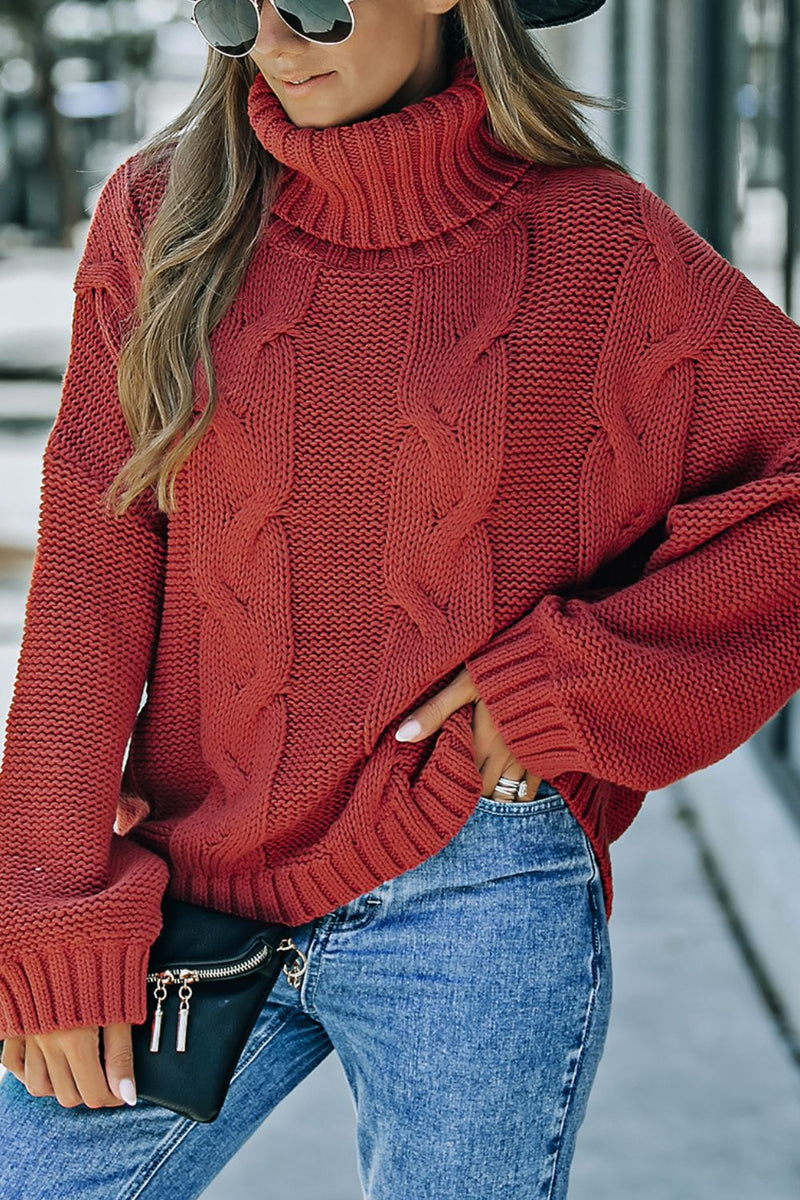 Hazel Blues® |  Cable-Knit Turtleneck Dropped Shoulder Sweater