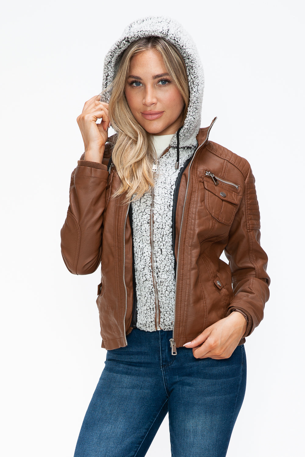 Hazel Blues® |  YMI Removable Faux Layered Multi-Pocket Jacket with Fuzzy Hood