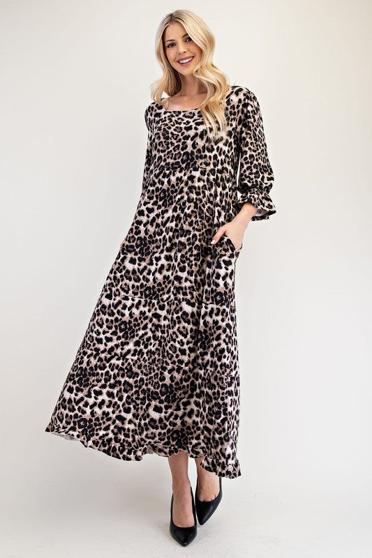 Hazel Blues® |  Celeste Leopard Round Neck Flounce Sleeve Dress