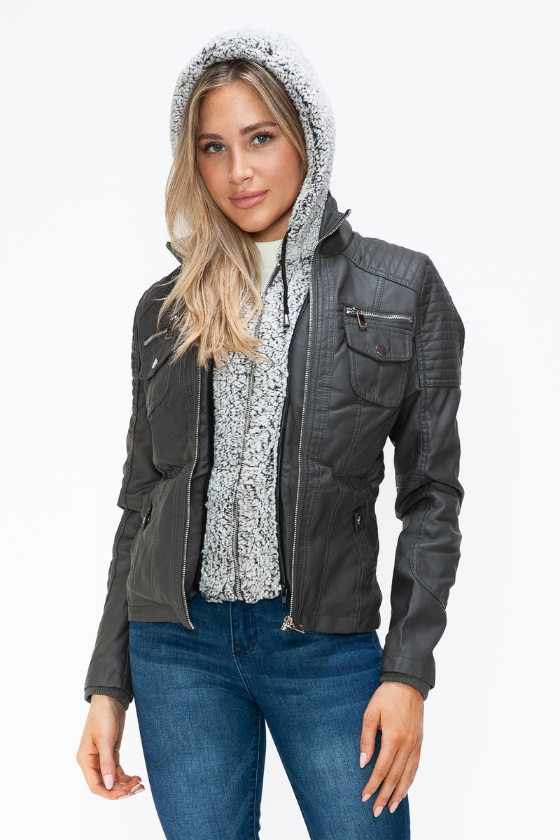 Hazel Blues® |  YMI Removable Faux Layered Multi-Pocket Jacket with Fuzzy Hood