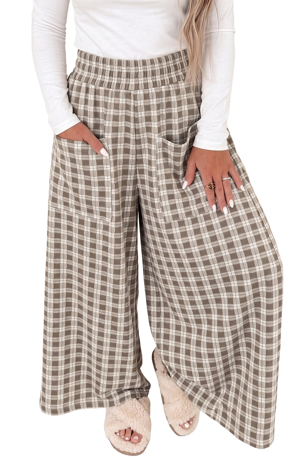 Khaki Plaid Wide-Leg Pocket Pants