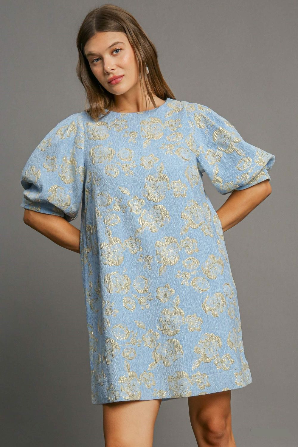 Hazel Blues® |  Umgee Floral Jacquard Puff Sleeve Mini Dress