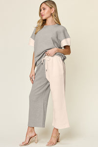 Hazel Blues® |  Double Take Texture Contrast T-Shirt and Wide Leg Pants Set