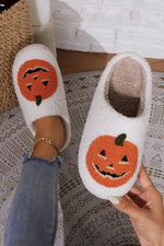 Hazel Blues® |  White Halloween Pumpkin Print Plush Slippers (Runs Small, Size Up)