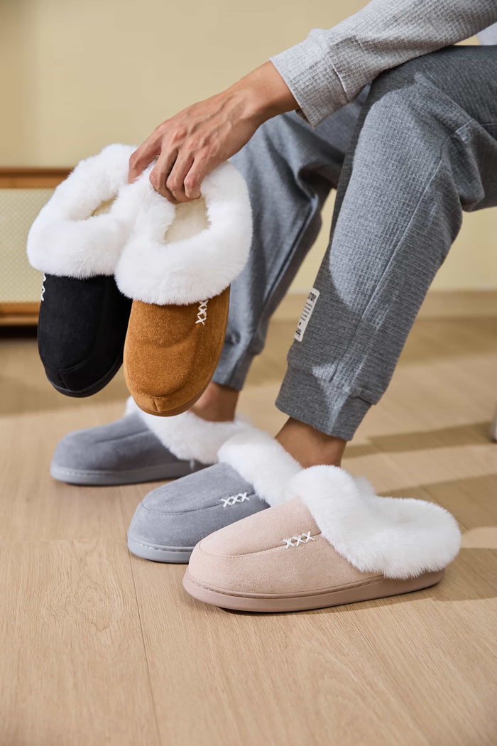 Hazel Blues® |  Fluff Trim Round Toe Flat Slippers