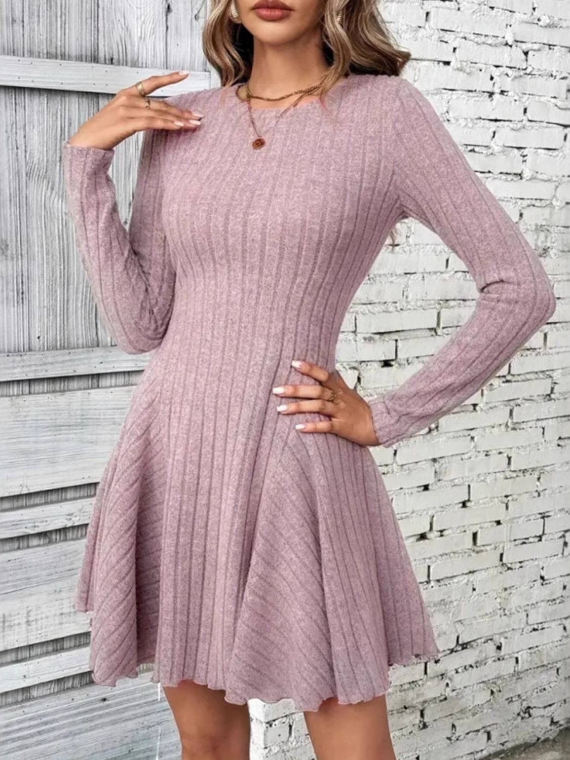 Ribbed Round Neck Long Sleeve Mini Dress