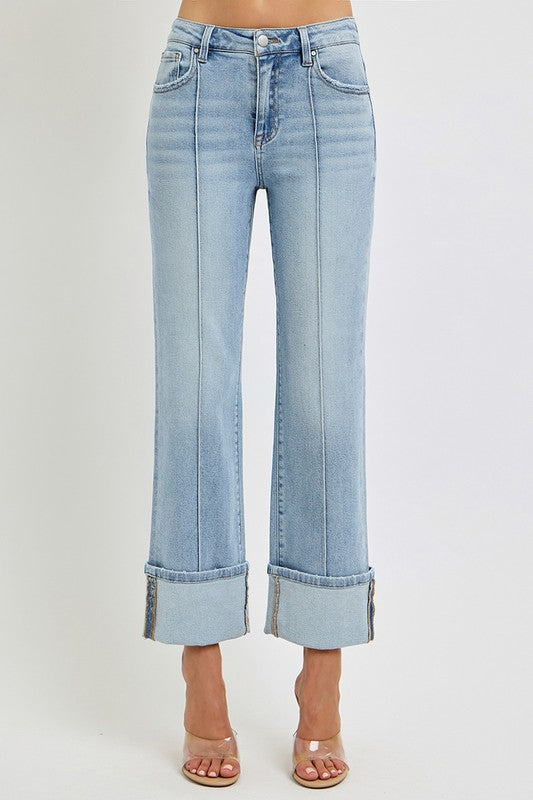 Hazel Blues® | RISEN Ankle Straight Leg Cuffed Jeans