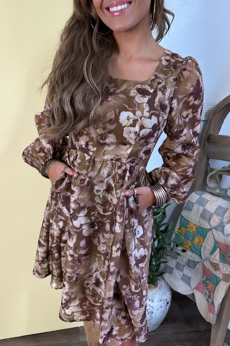 Brown Abstract Floral-Print Square-Neck Long-Sleeve Mini Shift Dress – Hazel Blues®