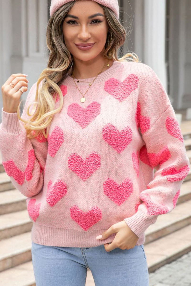 Hazel Blues® |  Valentine's Day Heart Jacquard Round Neck Sweater