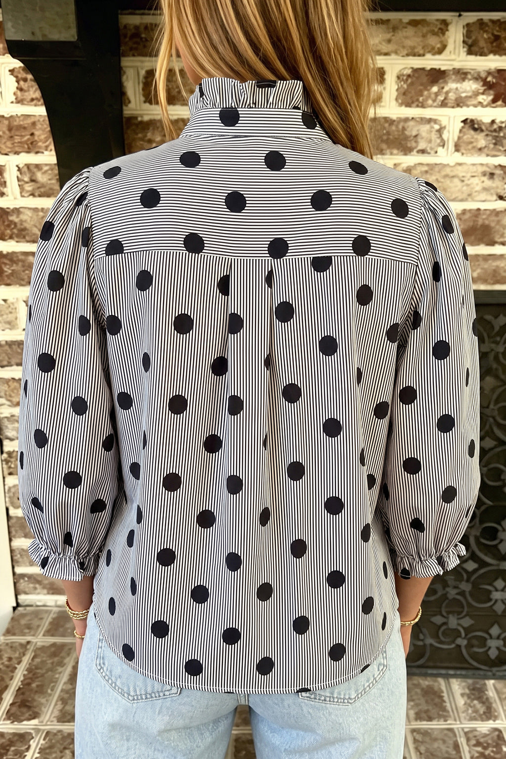 Black white Polka-Dot Striped Print Ruffle Stand Neck 3/4 Sleeve Shift Shirt
