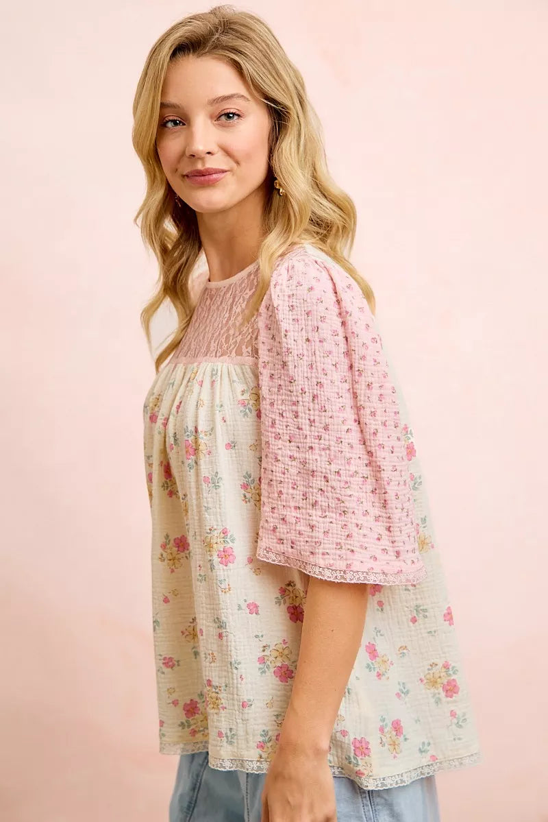 Bibi Crinkle Floral Gauze Mix And Matched Blouse Top | Floral