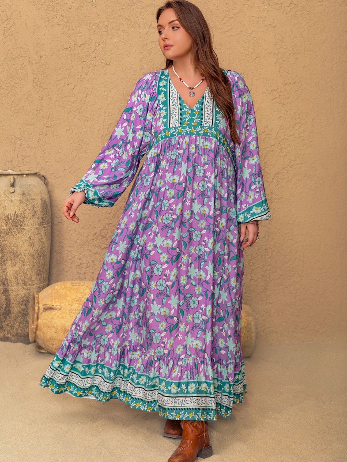 Hazel Blues® | Printed V-Neck Long Sleeve Maxi Dress