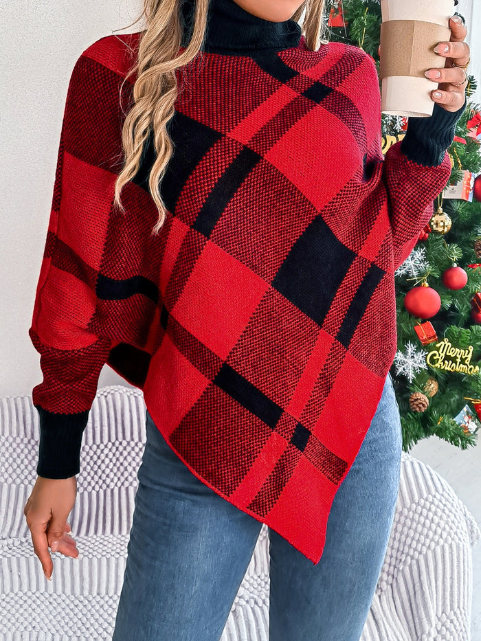 Hazel Blues® |  Plaid Turtleneck Batwing Sleeve Sweater