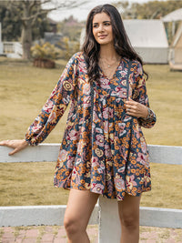 Hazel Blues® |  Floral Ruched V-Neck Long Sleeve Dress