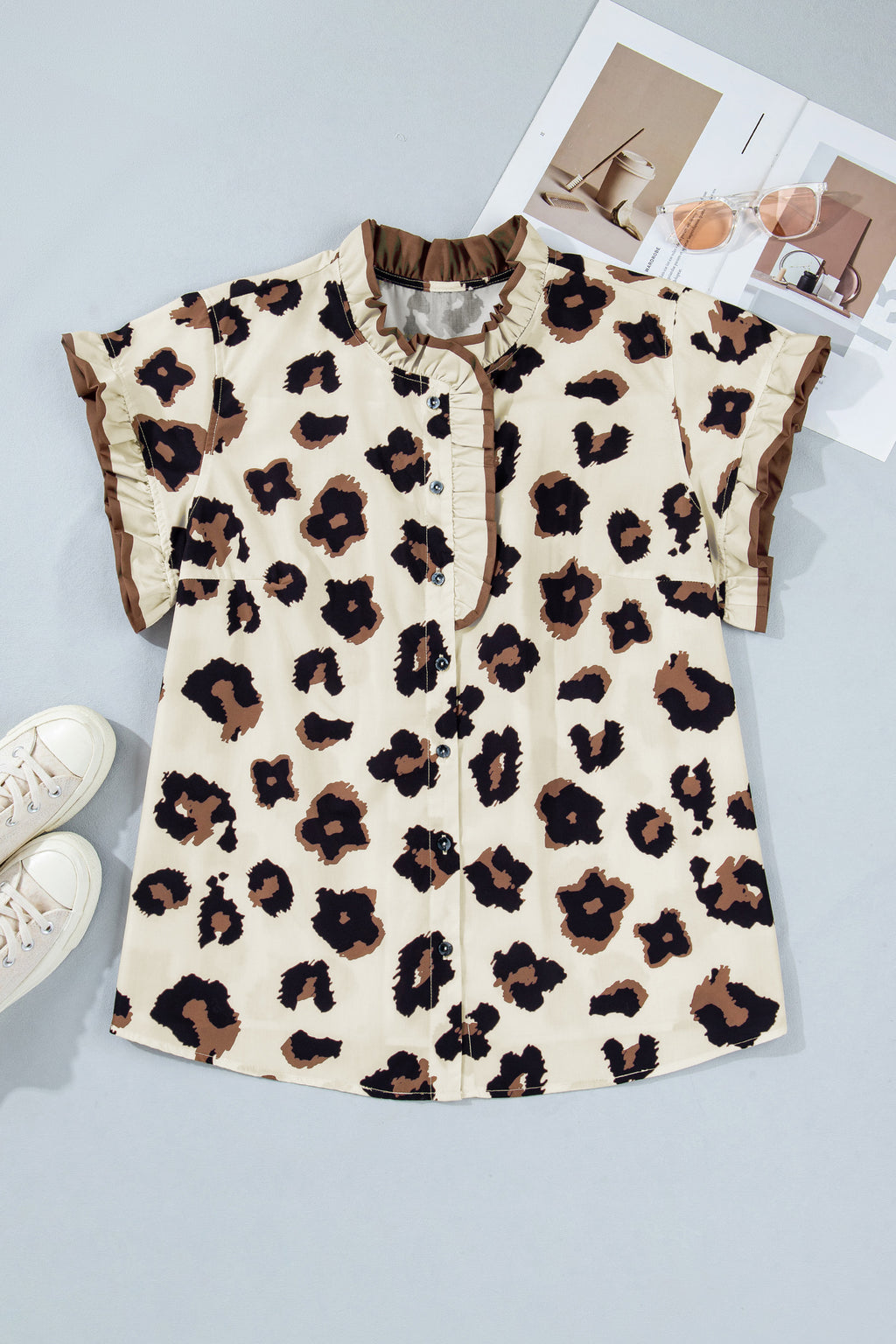 Leopard Print Frilled Colorblock Trim Button-Down Short Sleeve Blouse | Leopard Colorblock Short Sleeve Blouse